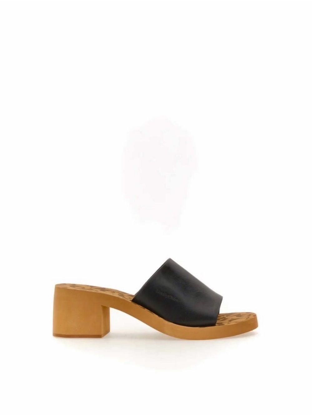 See By Chloe Black Leather Slide Mule with Tan Block Heel